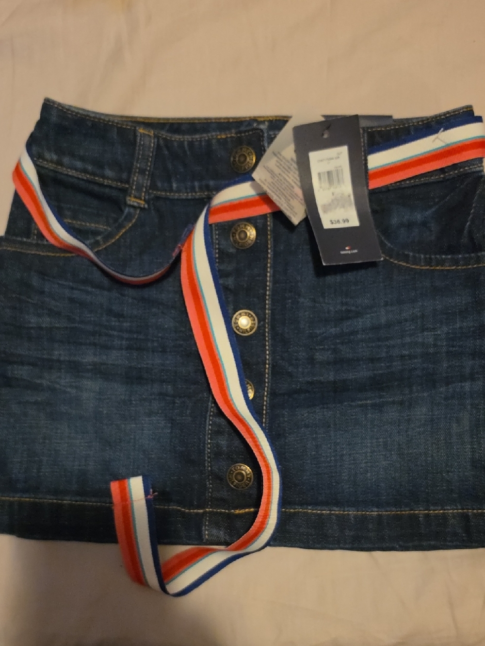 Tommy Hilfiger Dark Blue Denim Skirt with Red White and Blue Stripe Belt